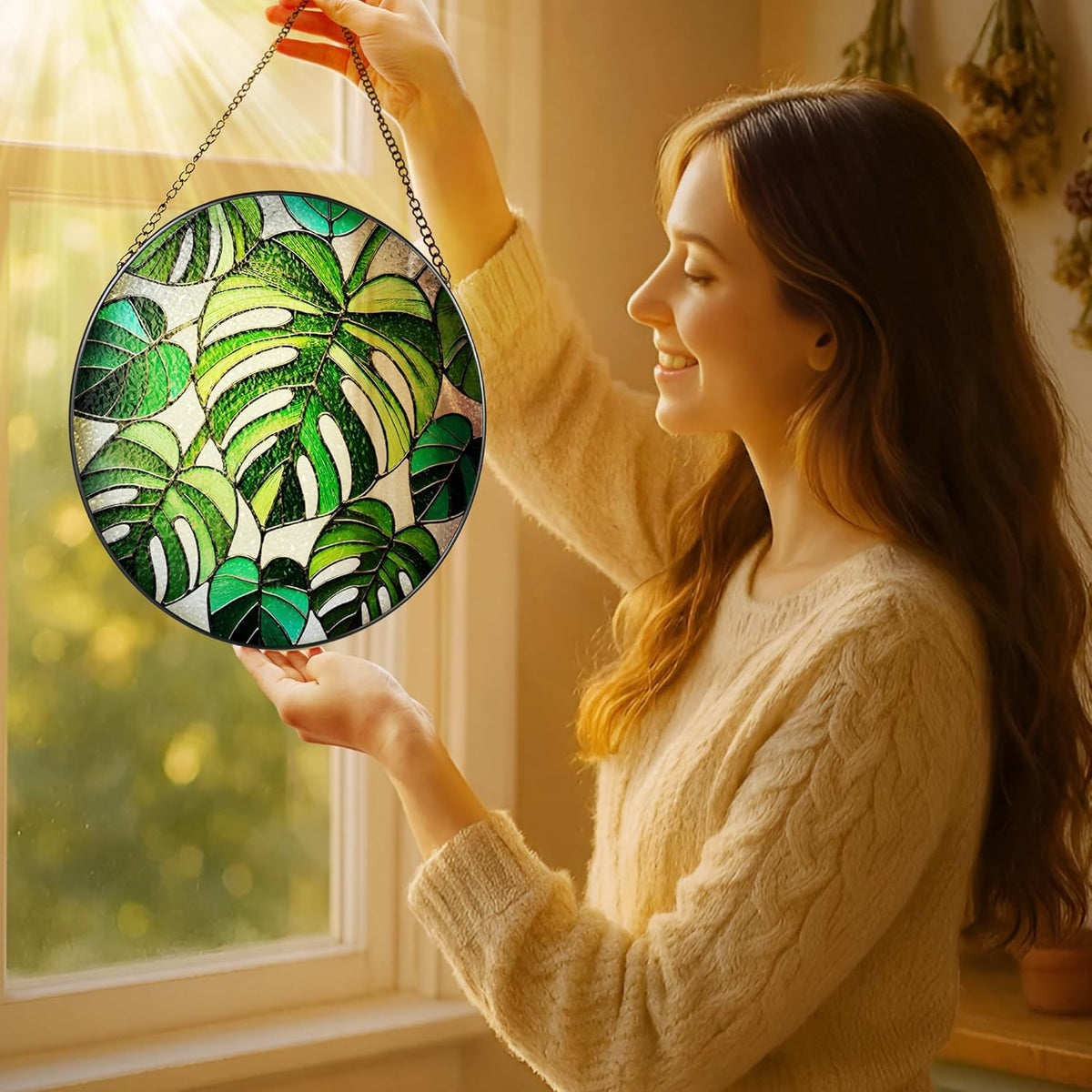 Stained Glass Window Hanging, 8 Inch Monstera Plant Stained Glass Suncatcher, Plant Sun Catcher