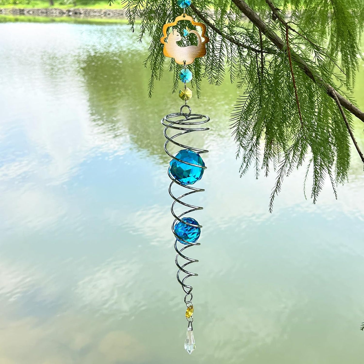 FONMY Cat Gazing Ball Spiral Tail Wind Spinner Sun Catcher Rainbow Maker Silver Spiral W/Blue K9