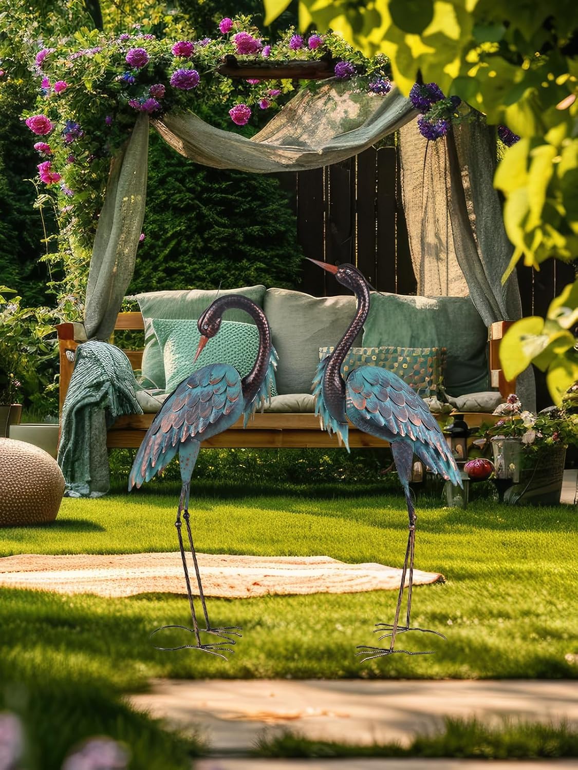 YEAHOME Garden Decor Outdoor Statues, 40"/37" Large Metal Heron Standing Yard Art, Blue Crane Lawn