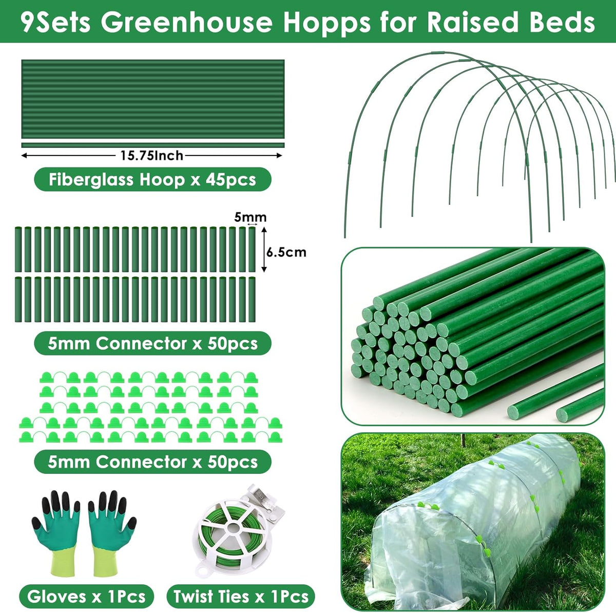 9 Sets Greenhouse Hoops for Raised Beds,45 Pcs Garden Hoops Grow Tunnel Rust-Free Fiberglass Garden