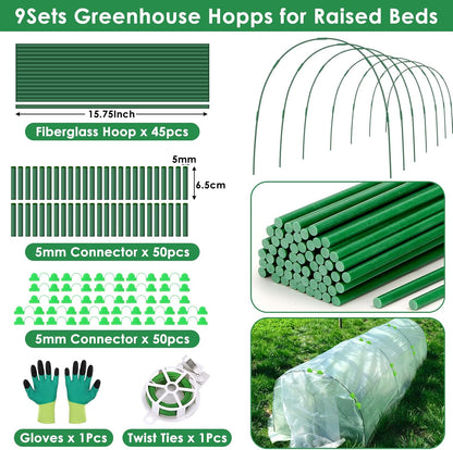 9 Sets Greenhouse Hoops for Raised Beds,45 Pcs Garden Hoops Grow Tunnel Rust-Free Fiberglass Garden