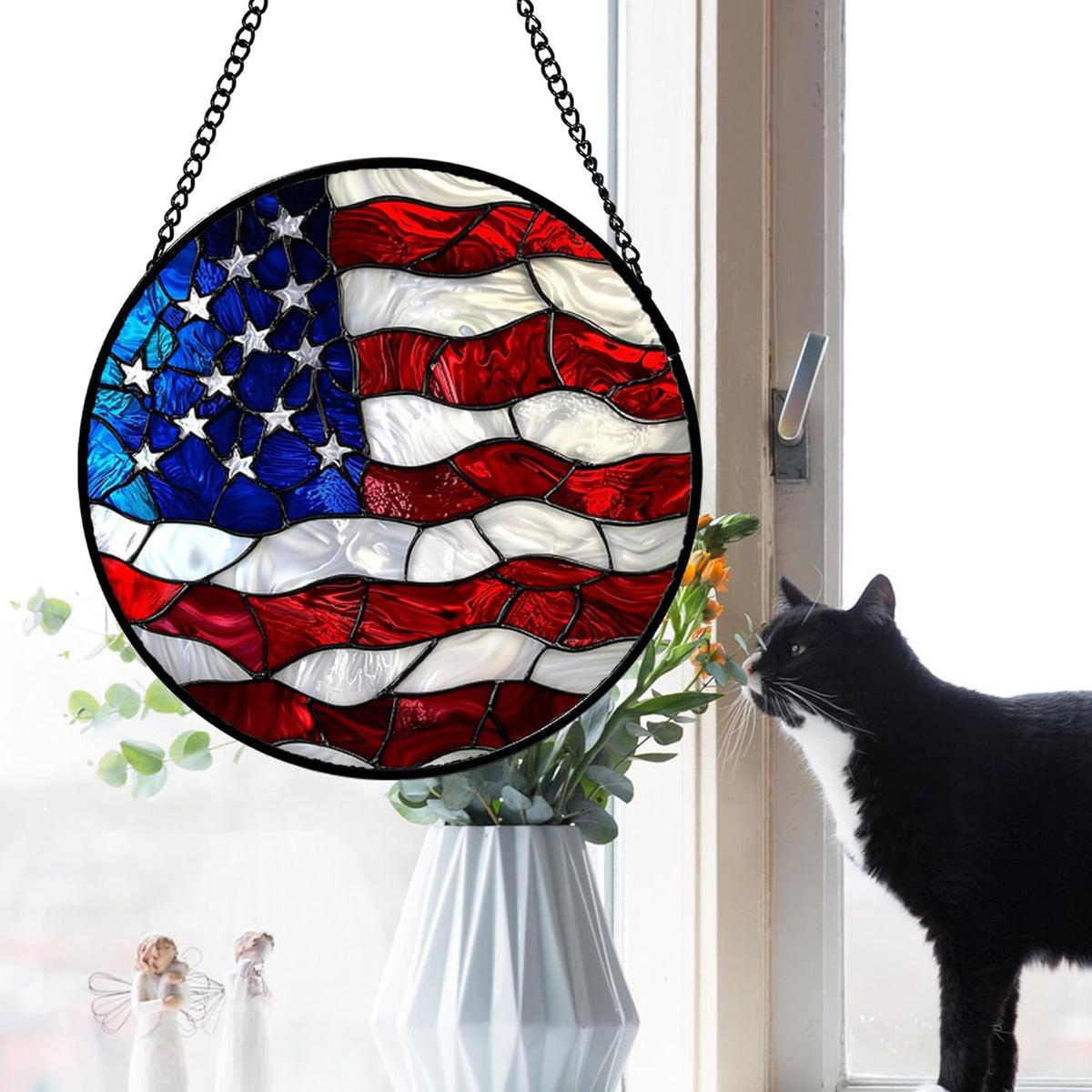 Stained Glass Window Hanging, Blue, White Red National Flag Pattern Sun Catchers Diamond Glass