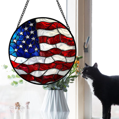 Stained Glass Window Hanging, Blue, White Red National Flag Pattern Sun Catchers Diamond Glass