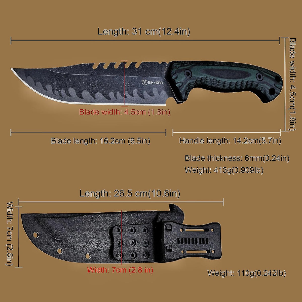 BA-KOR 12.4in Full Tang Fixed Blade Hunting Knife – 6mm 9CR18MoV Steel, G10 Handle, Stonewashed