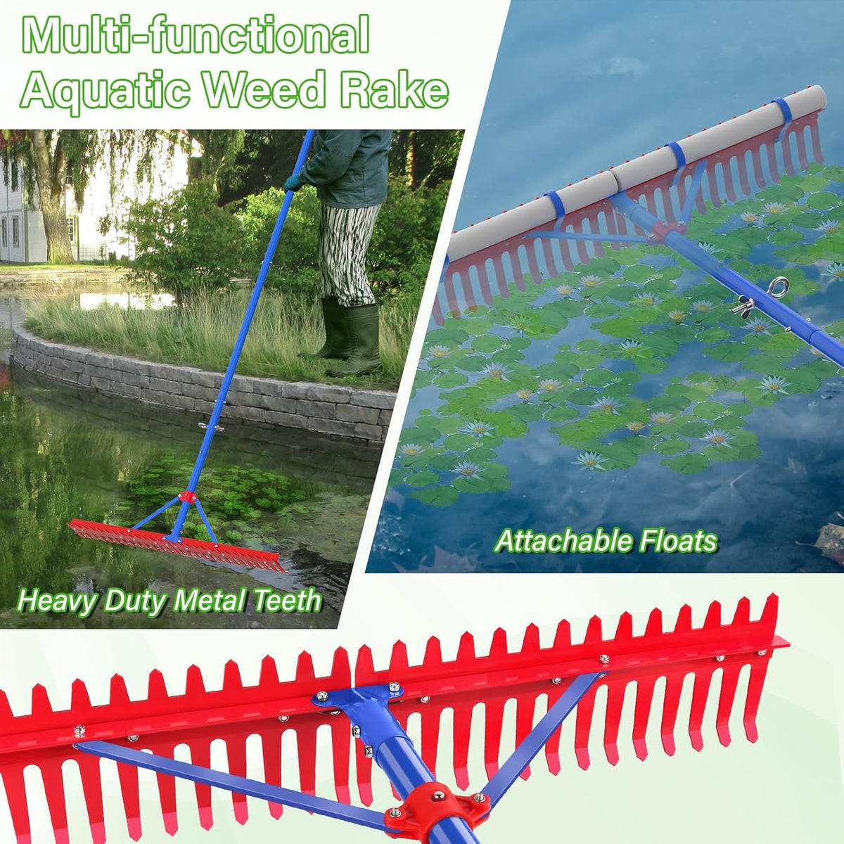 Lake Rake,Pond Rake Aquatic Weed Rakes,Large Heavy Duty Aluminum Aquatic Rakes with 7" Metal Tines