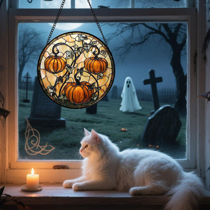 Stained Glass Window Hanging - Halloween Decoration Orange Pumpkin Vine Leaves Suncatcher for Door