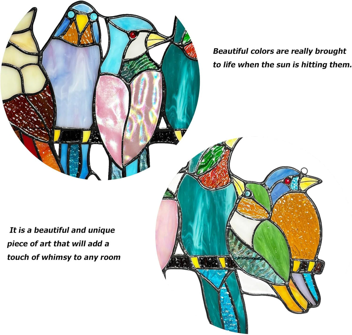 Stained Glass Birds Window Hangings, 9 Multicolor Stained Glass Birds on Branch Suncatcher
