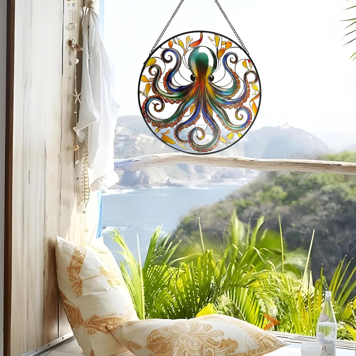 Octopus Stained Glass Window Hanging, 9.8’’ Sun Catcher Glass Panel Ocean Theme Wall Art Decor with