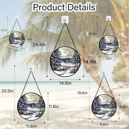 Stained Glass Window Hanging, Winter Snow Landscape Suncatcher Diamond Glass Panel Sun Catchers