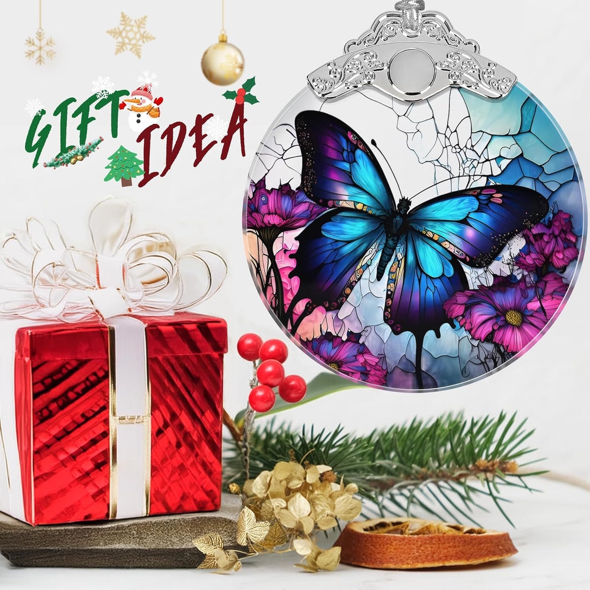 Stained Glass Suncatcher Ornament - Butterfly Christmas Decorations - Christmas Ornaments for Tree