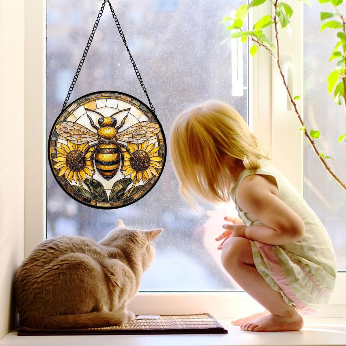 Stained Glass Window Hanging - Bee Sunflower Yellow Suncatcher Ready to Hang Window Doors Home