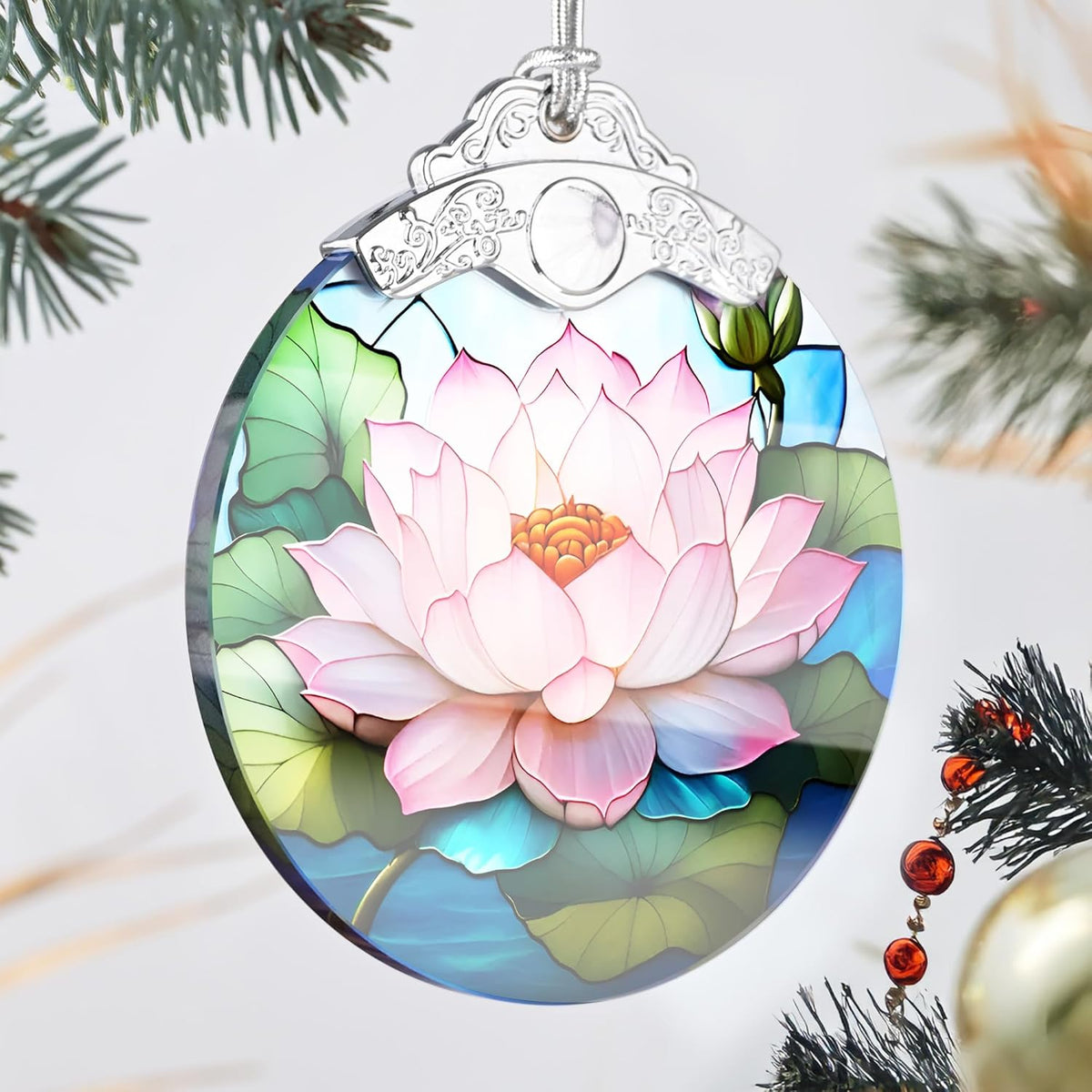 Lotus Stained Glass Ornament - Christmas Tree Decorations, Lotus Ornaments for Christmas Tree