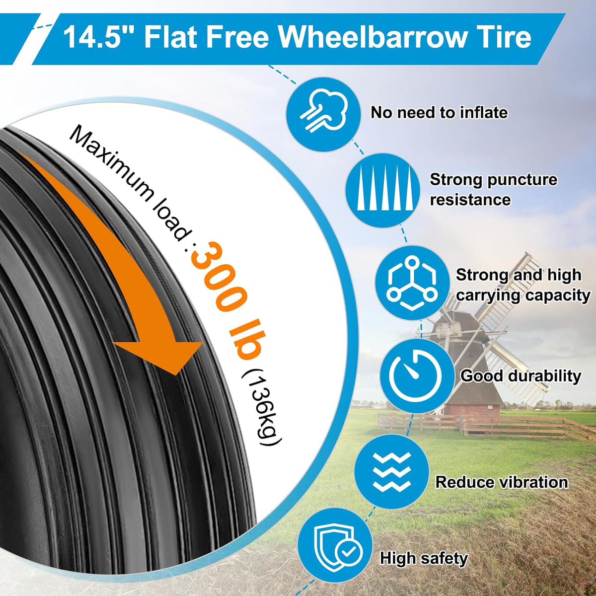 Cenipar 4.80/4.00-8" Flat Free Tire and Wheel 14.5" Solid Flat-Free Replacement Tire with 5/8" or