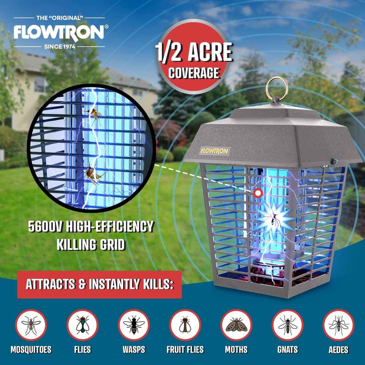 Flowtron Electric Bug Zapper 1/2 Acre Outdoor Insect Control with Dual Lure Method, 15W UV Light &