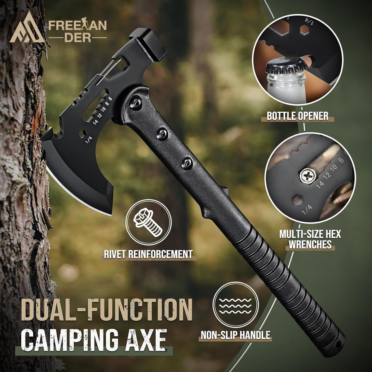 Freelander Camping Axe with Sheath, Sharp Tactical Hatchet Axe with Clip and Bottle Opener