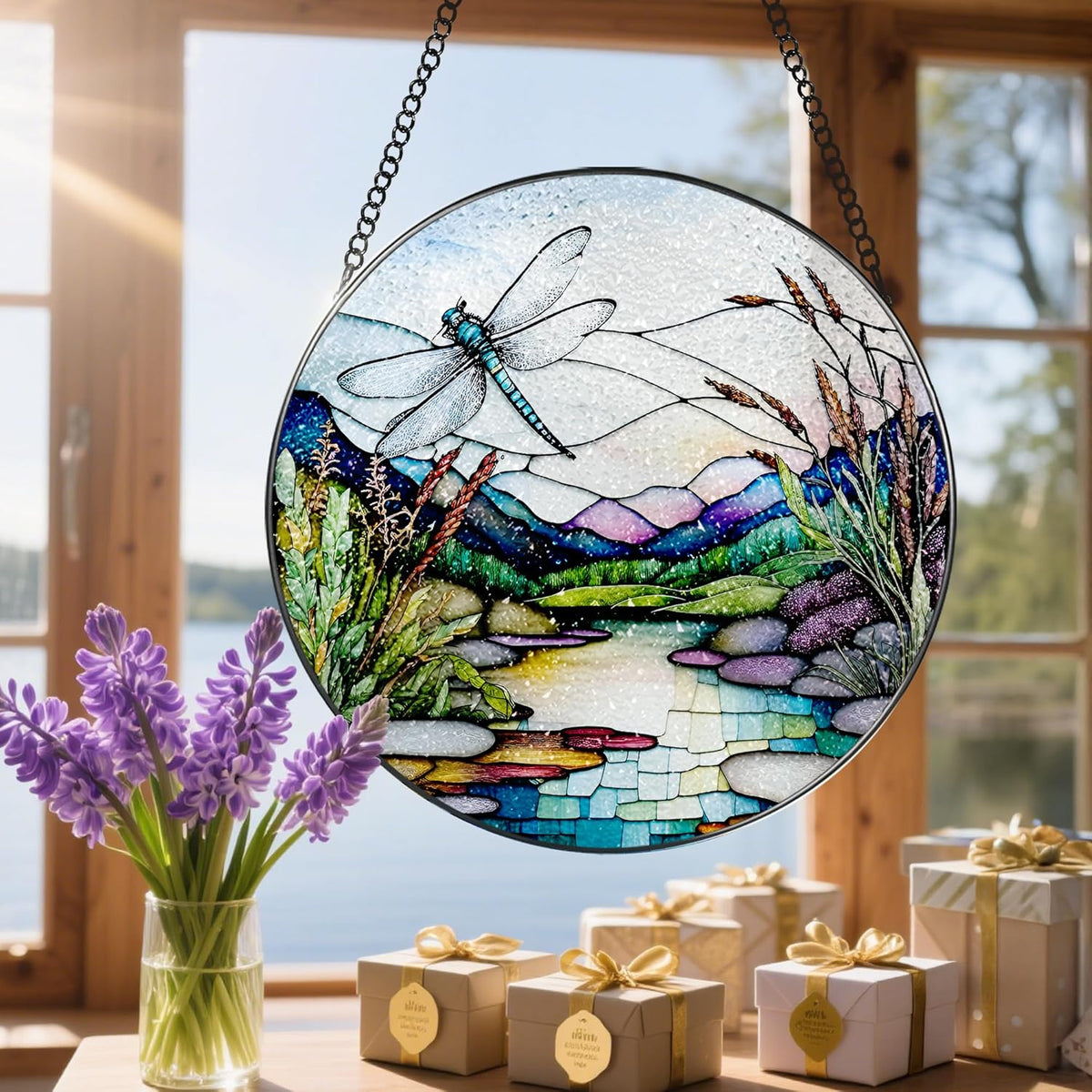 8 Inch Stained Glass Suncatcher Ornament, DOUHASU Dragonfly Sun Catchers Indoor Window, Stained
