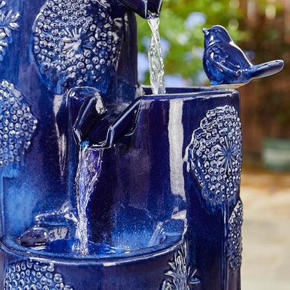 Glitzhome 32" H Outdoor Water Fountain with LED Lights and Pump, 4 Tier Ceramic Cobalt Blue