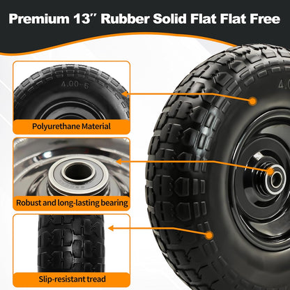2PC 4.00-6 Flat-Free Tires and Wheels,13" Rubber Solid Tire, with 5/8" & 3/4" Bearing, 1.8"-5.8"
