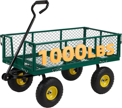 Finnhomy Heavy Duty 1000 Lbs Capacity Mesh Steel Garden Cart, Pullable Garden Wagons Carts on