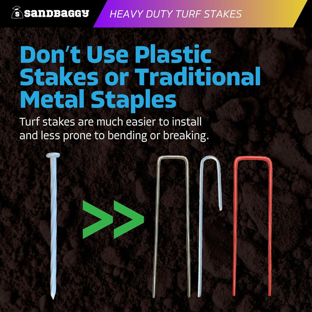 Sandbaggy 6" Heavy Duty Galvanized Artificial Turf Stakes - Spiral Landscape Nails - Ground