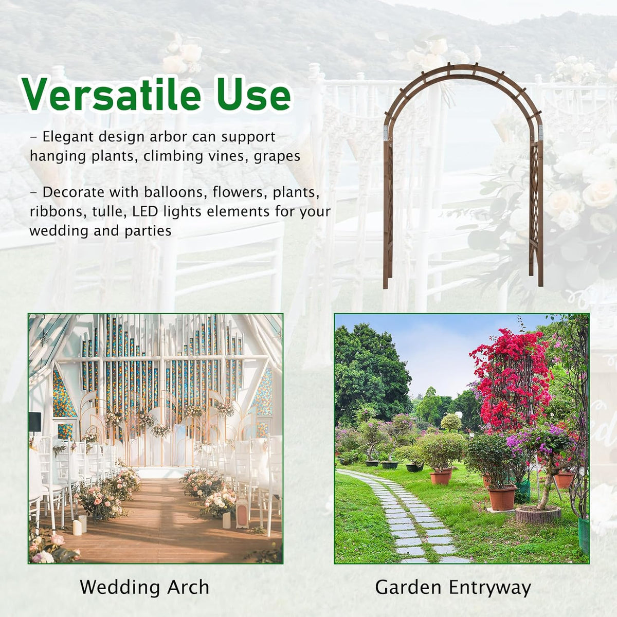 VINGLI Wooden Garden Arbor, Wedding Arch, 7ft Arch Backdrop Stand for Ceremony, Wood Trellis for
