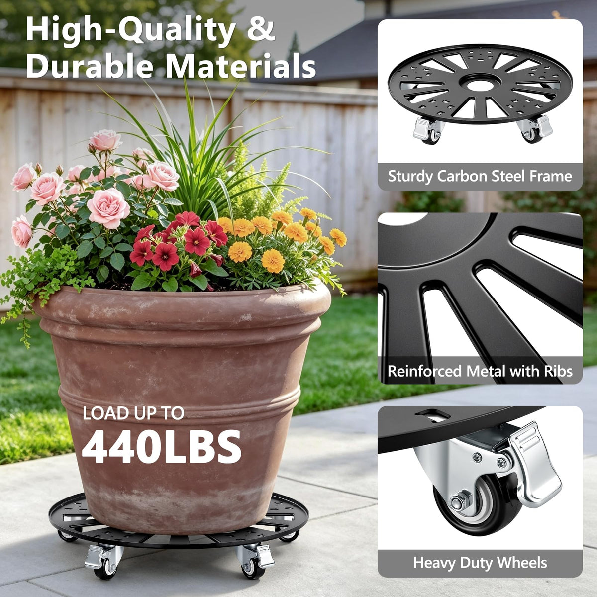 KEDSUM 16" Plant Caddy with Wheels, Anti-Rust & Anti-Slip Plant Stand with Wheels, 440LBS Heavy