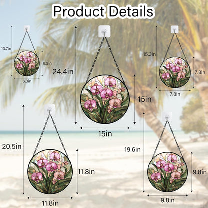 Stained Glass Window Hanging - Pink Phalaenopsis Orchid Green Leaves Sun Catcher for Door Home