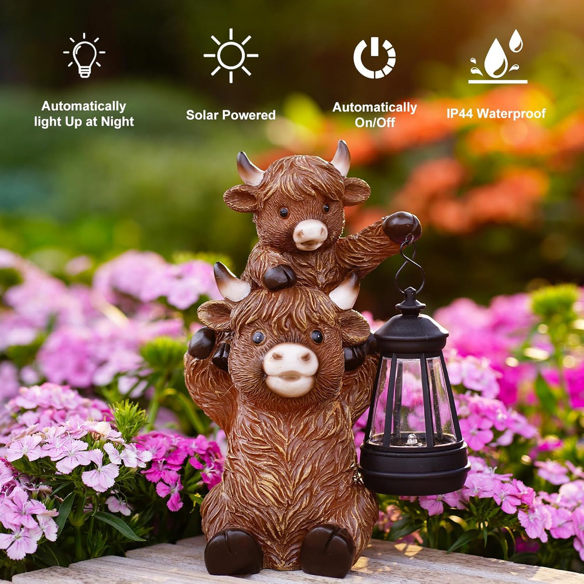 Solar Highland Cow Garden Decor - Resin Cow Statue with Solar Lantern Outdoor Yard Patio Decor