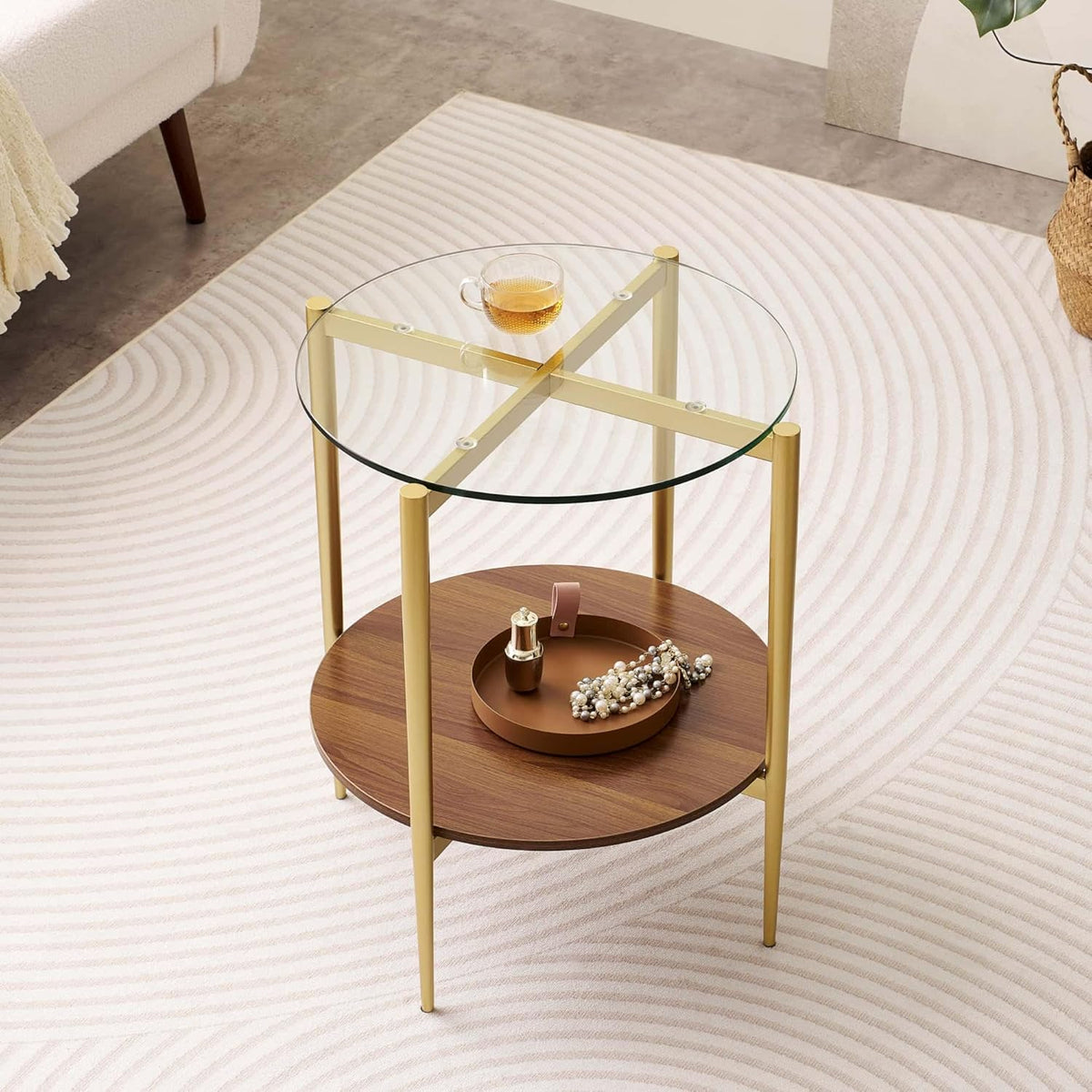 Round Glass End Table, Mid-Century Modern Design Sofa Table for Living Room, D18 x H23, 2-Tier
