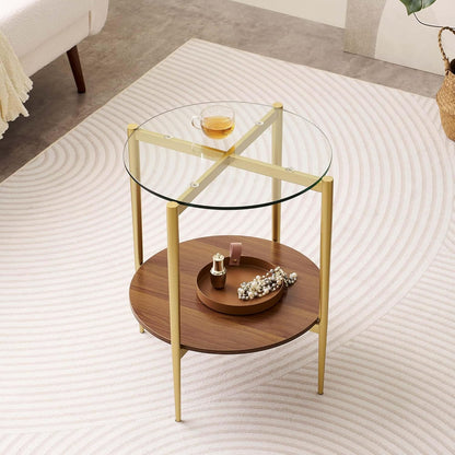 Round Glass End Table, Mid-Century Modern Design Sofa Table for Living Room, D18 x H23, 2-Tier