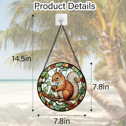 Stained Glass Window Hanging, Squirrel on a Branch Suncatcher Diamond Glass Panel Animal Sun