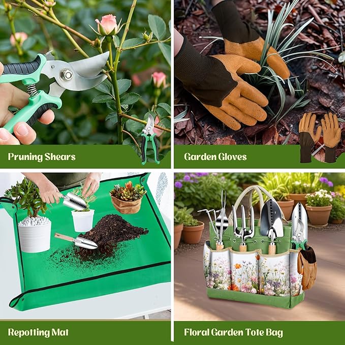 Garden Tools 9-Piece Heavy Duty Gardening Hand Tools with Floral Organizer Tote Bag, Rust-Proof