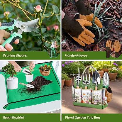 Garden Tools 9-Piece Heavy Duty Gardening Hand Tools with Floral Organizer Tote Bag, Rust-Proof