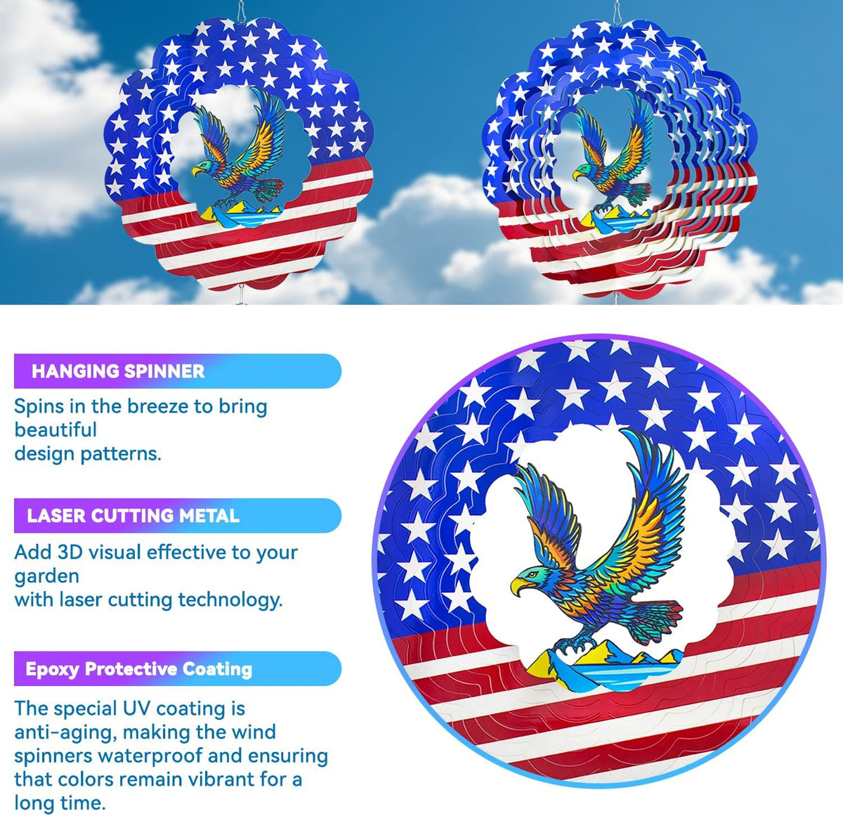 Wind Spinners,12 inch American Eagle with 360° Swivel Hook for Yard and Garden, Bird Wind Catcher