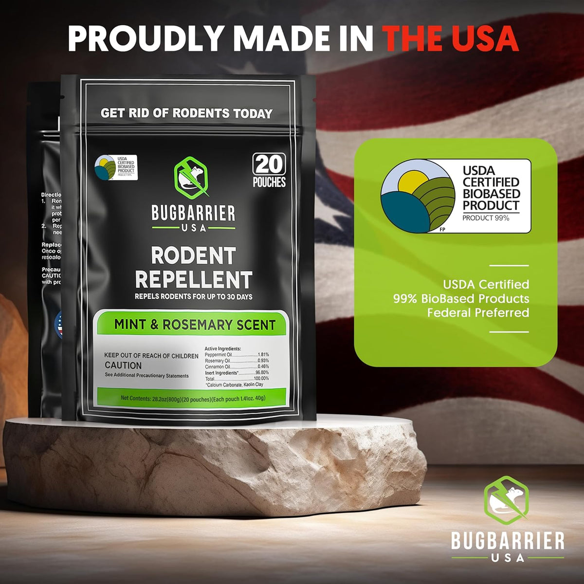 BugBarrier's Extra-Strength Mouse Repellent Deterrent Pouches, USDA 99% Biobased, Peppermint &