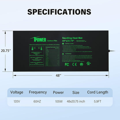 iPower 48” x 20.75” Seeding Heat Mat Upgraded Carbon Film Indoor Warm Hydroponic Plant Germination
