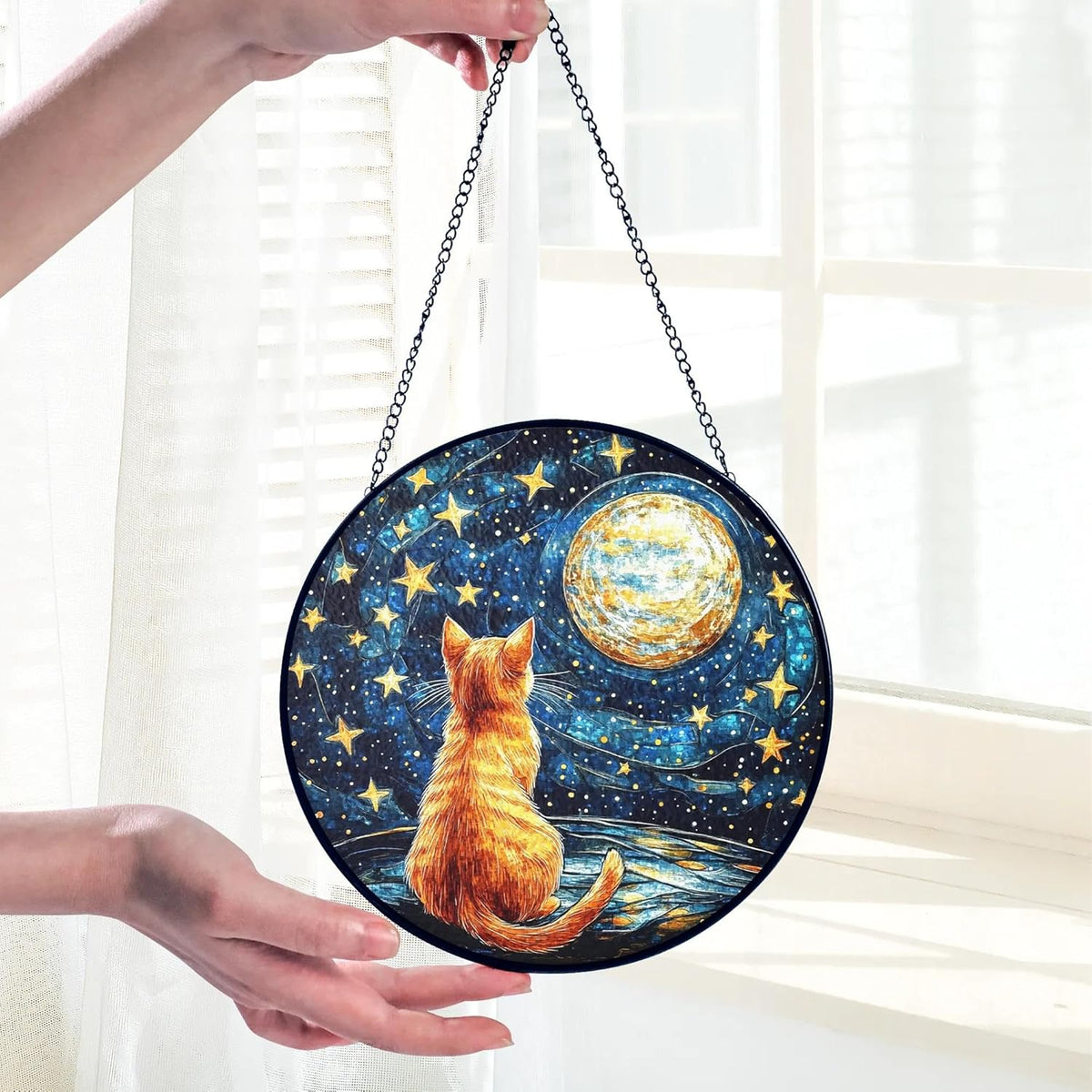 Orange Cat Stained Glass Suncatcher, Starry Night Orange Cat Lovers Gifts Window Hanging Garden