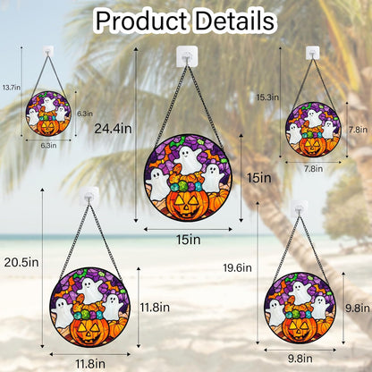 Stained Glass Window Hanging Halloween Horror Pumpkin White Ghost 11.8" - Suncatcher Door Garden
