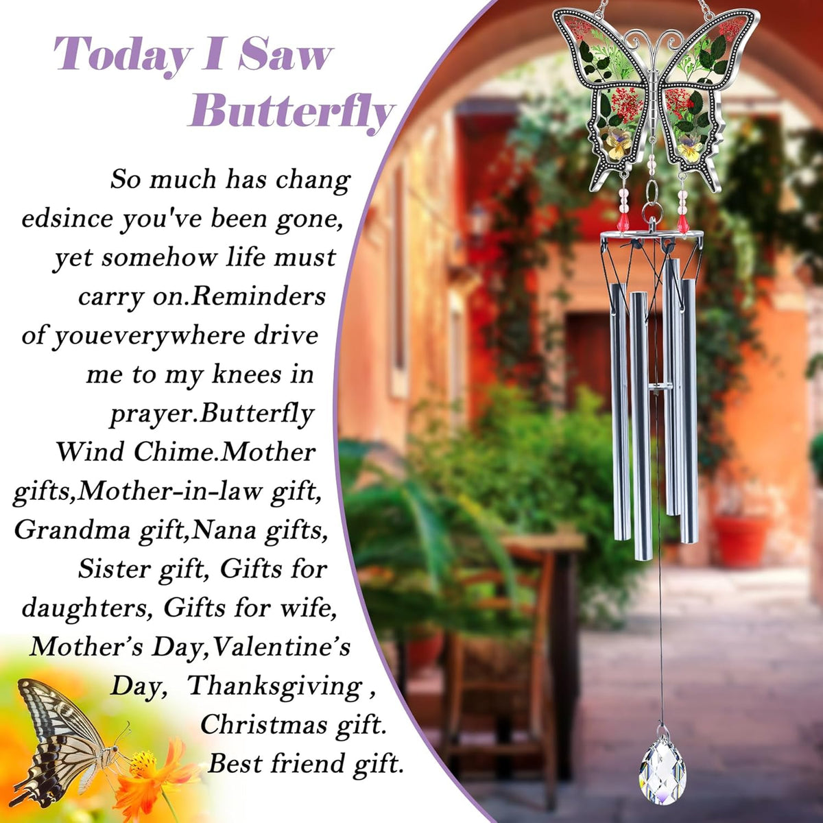 Butterflies Wind Chimes Glass Metal Real Flower and Multicolor 4 Tube Aluminum Windchime with S