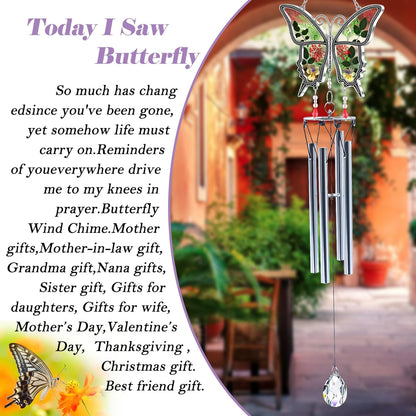 Butterflies Wind Chimes Glass Metal Real Flower and Multicolor 4 Tube Aluminum Windchime with S