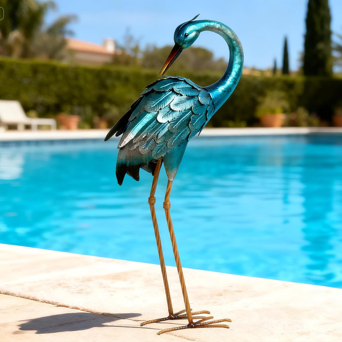 chisheen Crane Garden Statues, Metal Garden Crane Outdoor, Blue Heron Sculpture Metal Yard Art