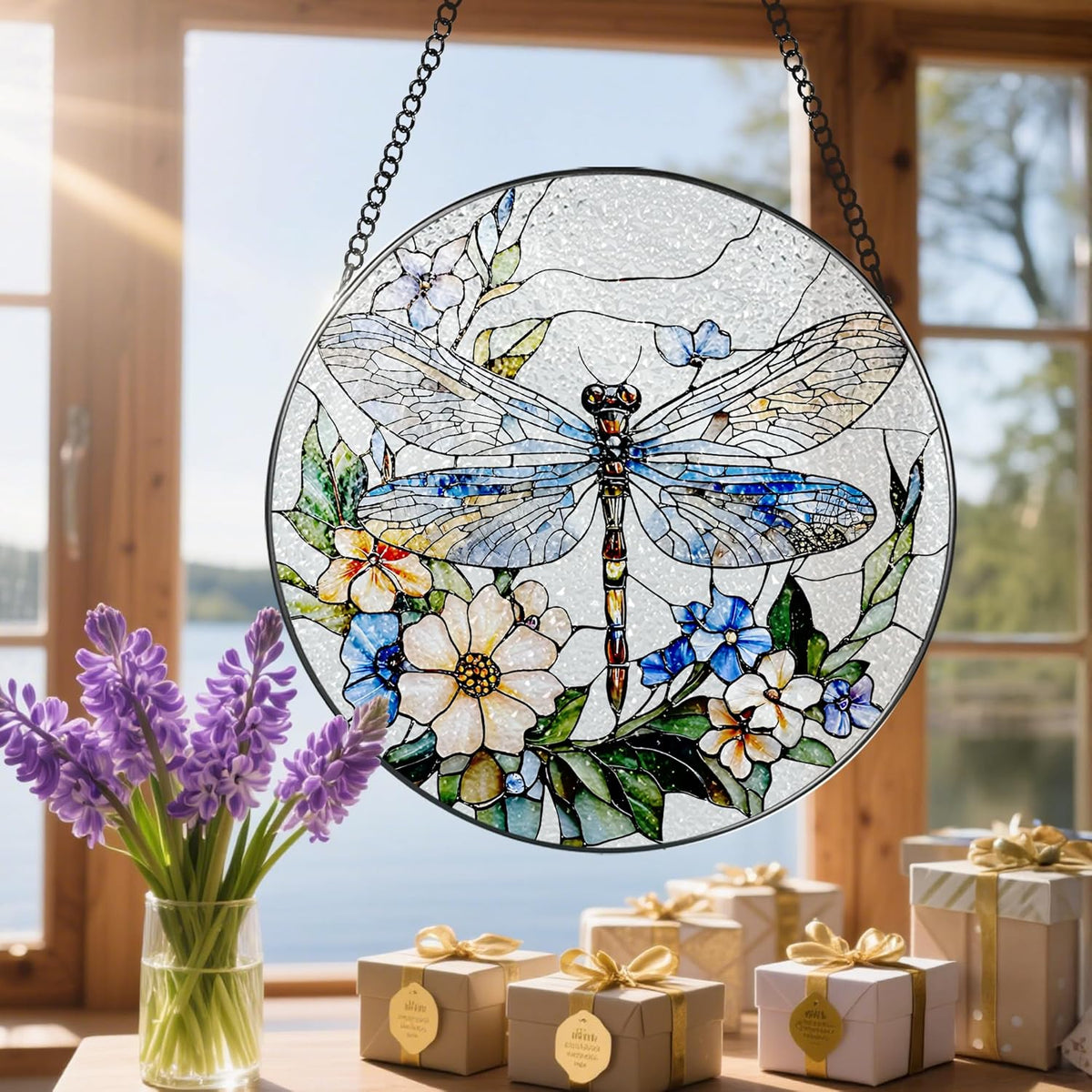 Stained Glass Window Hanging, 8 Inch Dragonfly Stained Glass Suncatcher, Sun Catchers Indoor