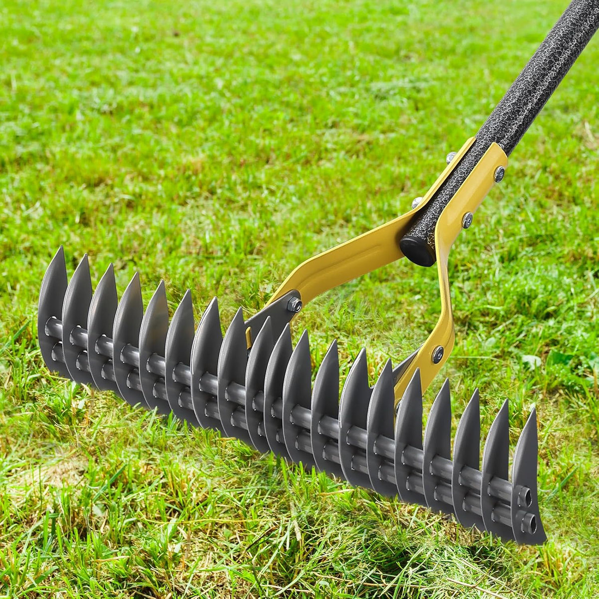Rake, 70" Heavy Duty Metal Dethatcher Rake with 15" Wide Double-Edged Sharp Tines Thatch Rakes for