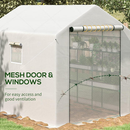 Outsunny 8' x 6' x 7' Walk-in Greenhouse, PE Cover, 4-Tier Shelves, Steel Frame Hot House, Roll-Up