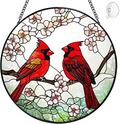 Cardinal Suncatcher Stained Glass Window Hanging - 8” Stained Glass Suncatchers for Windows - Sun