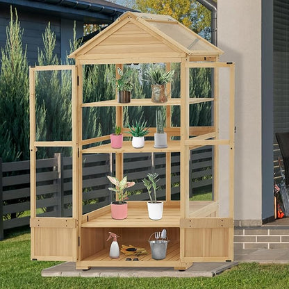 Macrout 3-Tier Solid Wood Cold Frame Greenhouse Cabinet Adjustable Shelves, Dual-Use Insulated Shed