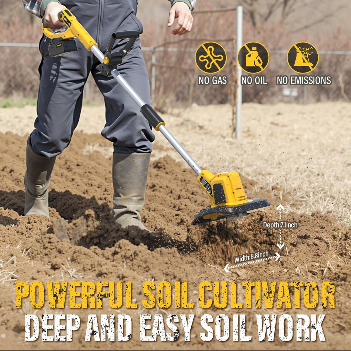 20V Cordless Electric Garden Tiller Cultivator, 9-Inch Tilling Width, 6.6-Inch Depth Rototiller for