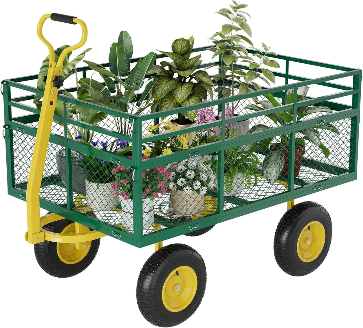 Metal Wagon - 1400lbs Garden Cart with 10" Multi-Terrain Tires, 4 Removable Mesh Sides & 180°