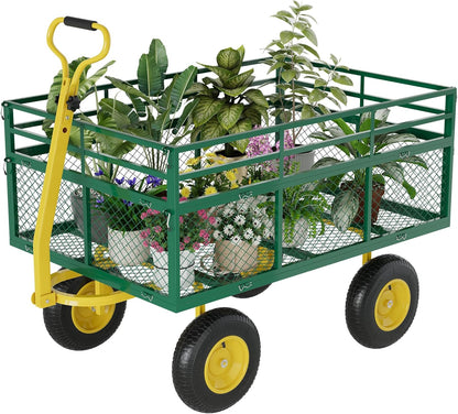 Metal Wagon - 1400lbs Garden Cart with 10" Multi-Terrain Tires, 4 Removable Mesh Sides & 180°