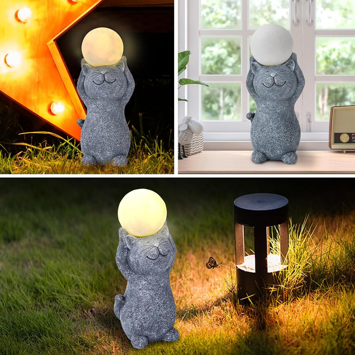 Solar Garden Decor Cat Moon Outdoor Statue and Figurine Lights, Outdoor Patio Sculpture Decor LED